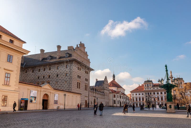 PRAGUE, CZECH REPUBLIC - December 13, 2018: The Castle Area of Prague with beautiful Renaissance building of Schwarzenberg Palace. PRAGUE, CZECH REPUBLIC - December 13, 2018: The Castle Area of Prague with beautiful Renaissance building of Schwarzenberg Palace.