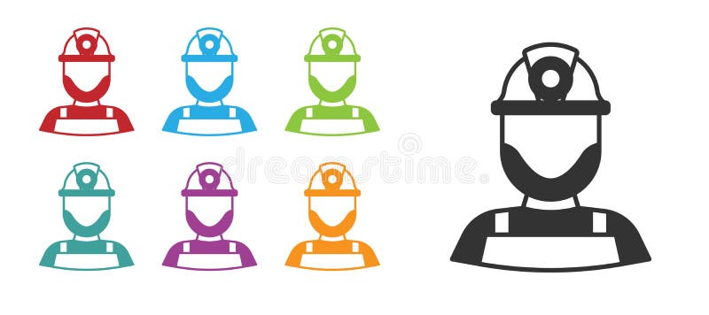 Schwarzer Bergarbeiter in einem Helm-Symbol isoliert auf weißem Hintergrund. Set-Symbole farbig. Vektor lizenzfreie abbildung