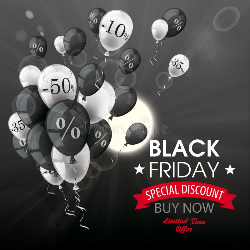 Schwarzer Himmel-Rabatt steigt Bündel Sun Black Friday im Ballon auf stock abbildung Schwarzer Himmel-Rabatt steigt Bündel Sun Black Friday im Ballon auf stock abbildung