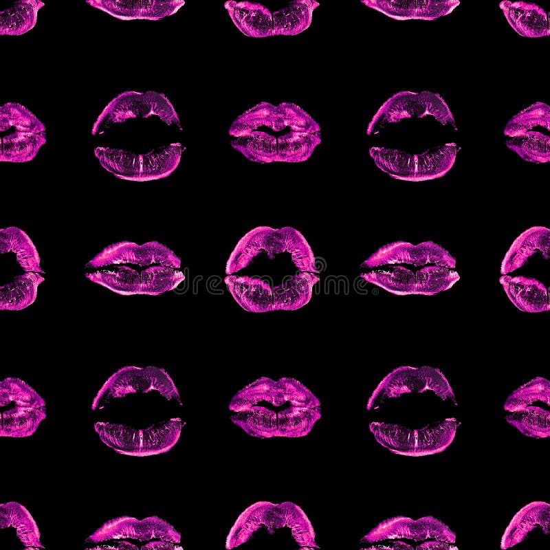 Schwarzer Hintergrund des nahtlosen Musterrosalippenstiftkuss-Druckes isolierte den violetten sexy Lippenmake-upstempel, der rote