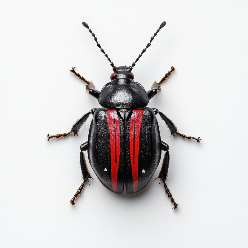 Schwarzer Käfer mit roten Streifen auf weißem Hintergrund. Über dem Dach sieht man einen schwarzen Käfer mit zwei markanten roten Streifen, der sich hinter einem weißen Hintergrund befindet. Die Insektendetails sind scharf fokussiert und zeigen ihren segmentierten Körper und seine zarten Beine