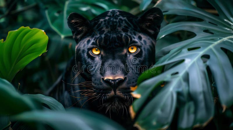 Schwarzer Panther : Golden Eyes Sleek Fur & Shadowy Jungle Scene lizenzfreie abbildung