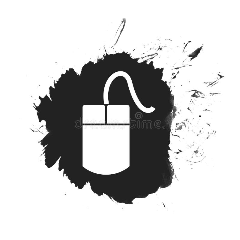 Schwarzer Spritzen-Knopf: Computer-Maus. Lokalisierter schwarzer Farbspritzen Knopf mit Computer-Mäuseikone