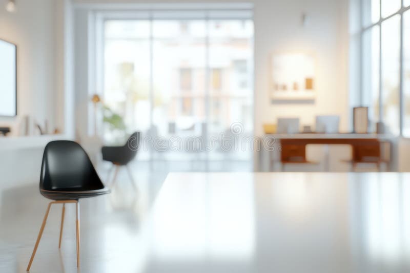 Schwarzer Stuhl mit Holzbeinen in modernem Büroambiente. Ein einziger schwarzer Stuhl mit Holzbeinen sitzt in einem modernen Büro mit einem weißen Schreibtisch im Vordergrund und einem verschwommenen Hintergrund von Fenstermöbeln und Wänden.. generative Hilfe