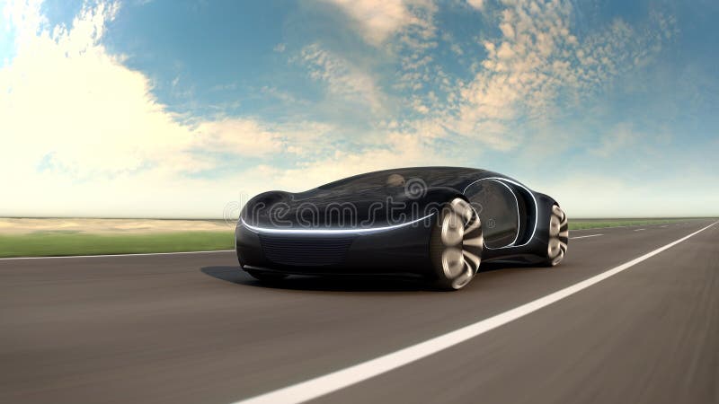 Schwarzes Elektroauto auf dem Highway in der Sandwüste. Konzept der künftigen Animation des Autos 4k.