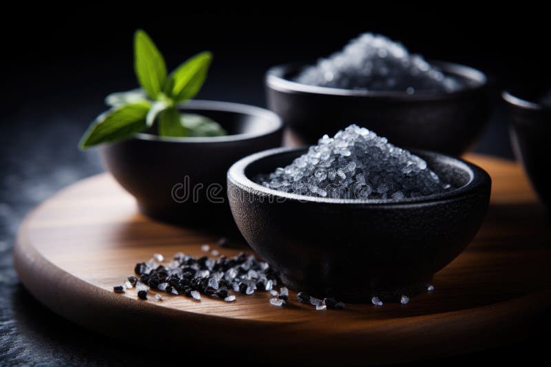 Black lava salt, coarse grain in a wooden bowl. Black lava salt, coarse grain in a wooden bowl