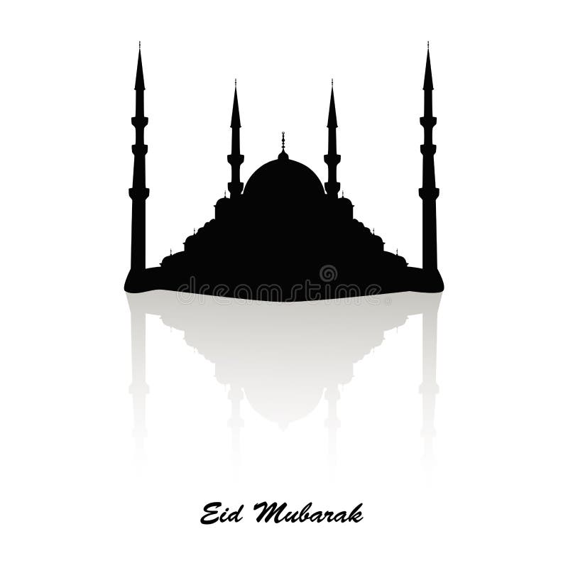 Schwarzes Schattenbild einer Moschee mit einem Reflexionseffekt und -gruß des schwarzen Textes Eid Mubarak, Grußkarte, Moslem vektor abbildung Schwarzes Schattenbild einer Moschee mit einem Reflexionseffekt und -gruß des schwarzen Textes Eid Mubarak, Grußkarte, Moslem vektor abbildung