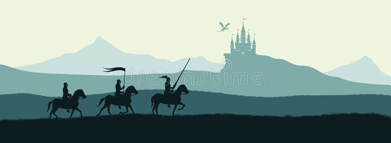 Schwarzes Schattenbild von Rittern auf Hintergrund des Schlosses lizenzfreie abbildung Schwarzes Schattenbild von Rittern auf Hintergrund des Schlosses lizenzfreie abbildung