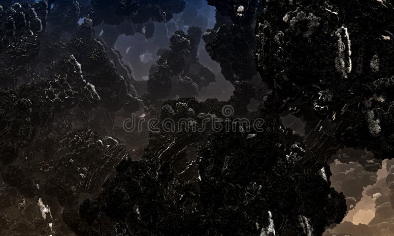 Schwarzes Vulkangestein mit roten Lavavenen. Hintergrundtextur eines Gesteins. Mandelbulb fraktale Felsen 3d Rendering.