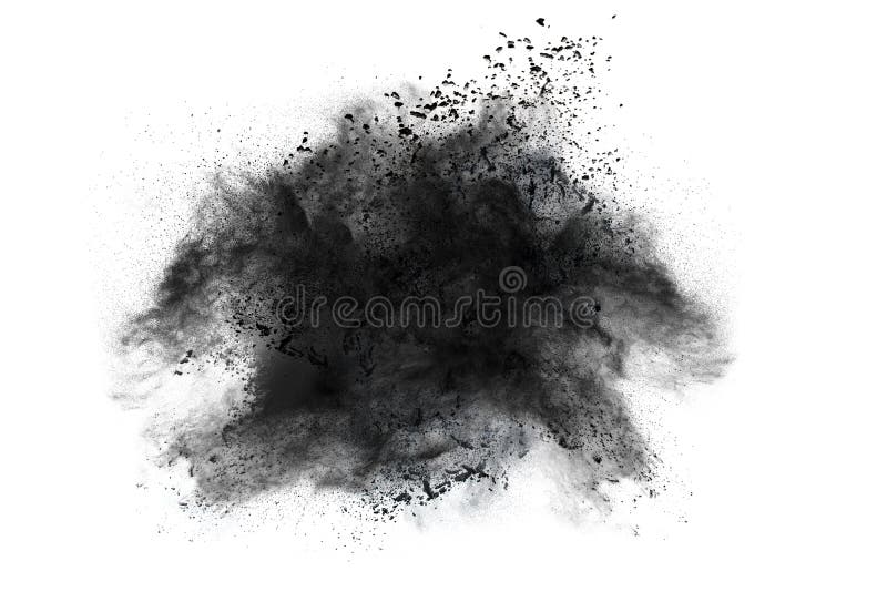 Schwarzpulverexplosion gegen weißen Hintergrund Die Partikel der Holzkohle splatted auf weißem Hintergrund Nahaufnahme des schwar