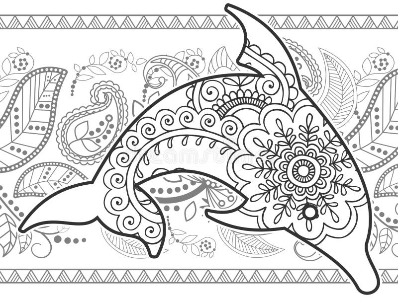 Schwarzweiss-gezeichnetes Gekritzel des Delphins Hand