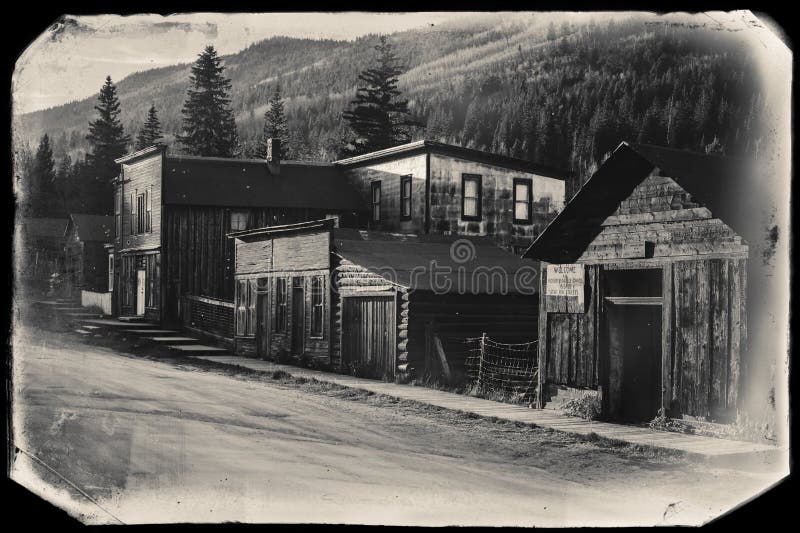 Schwarzweiss-Sepia-Weinlese-Foto von alten westlichen hölzernen Gebäuden in St. Elmo Gold Mine Ghost Town in Colorado lizenzfreie stockbilder Schwarzweiss-Sepia-Weinlese-Foto von alten westlichen hölzernen Gebäuden in St. Elmo Gold Mine Ghost Town in Colorado lizenzfreie stockbilder