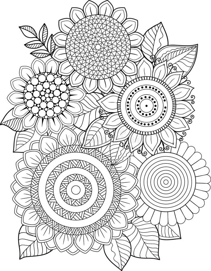 Schwarzweiss-Sonnenblumen lokalisiert auf Weiß Abstrakter Gekritzelhintergrund gemacht von den Blumen und vom Schmetterling Vekto lizenzfreie abbildung