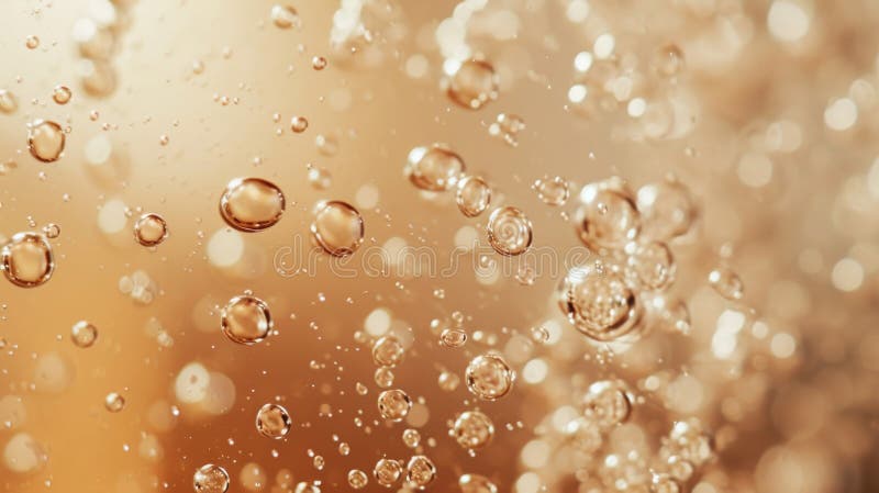 Schwebende Champagnerbläschen in goldener Flüssigkeit stockfotografie