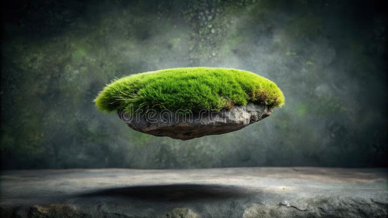 Schwebende Moosgestein ruhige Naturszene mystische Atmosphäre perfekt für Produktdarstellung oder Fantasie Einstellung. Generative. Eine elegante digitale Komposition, die zeitgenössische künstlerische Empfindlichkeiten widerspiegelt. Generative AI.