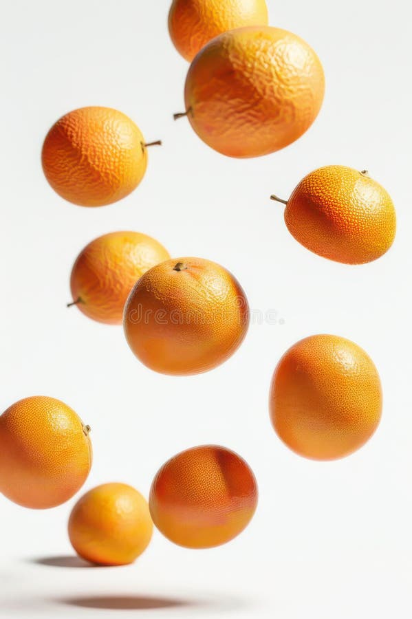 Schwebende orangefarbene Scheiben und ganze Orangen in Zwischenluft auf weißem Hintergrund mit lebendiger Farbe und saftiger Textu lizenzfreie abbildung