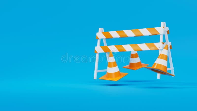 Schwebende orangefarbene Verkehrssteine und Sperrmauer auf blauem Hintergrund isoliert. Sicherheitswarnung oder Bauzeichen 3d stock abbildung