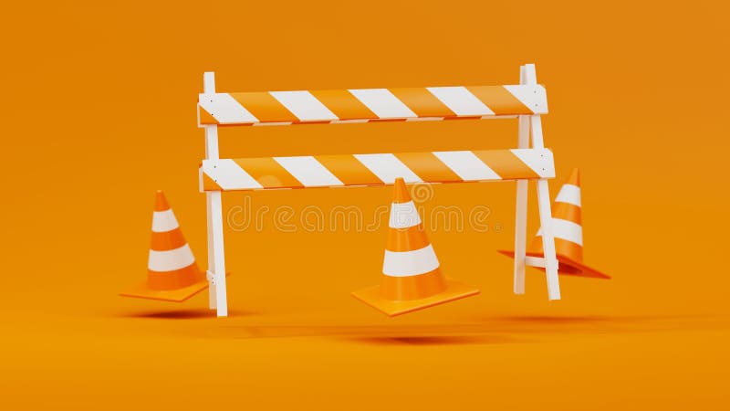 Schwebende orangefarbene Verkehrssteine und Sperrmauer auf orangefarbenem Hintergrund isoliert. Sicherheitswarnung oder Bauzeichen vektor abbildung