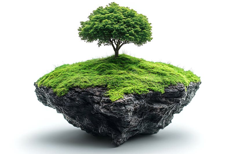 Schwebender Mossy Rock mit grünem Baum oben isoliert auf weißem Hintergrund stock abbildung
