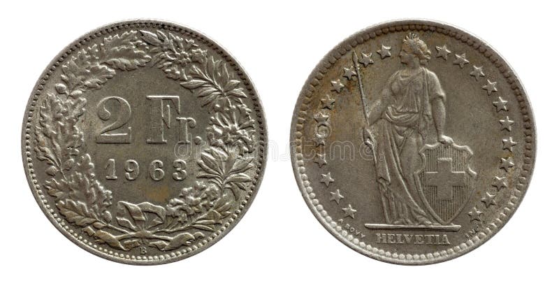 Schweiz schweiziskt mynt 2 två silver för franc som 1963 isoleras på vit bakgrund royaltyfri bild Schweiz schweiziskt mynt 2 två silver för franc som 1963 isoleras på vit bakgrund royaltyfri bild
