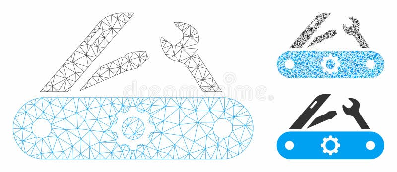 Schweizisk Knife Vector Mesh Wire Frame Model och Triangle Mosaic Icon. Knivmodell för nätbyte med triangelmosaik Trådlöst trekantigt nätverk av svällkniv Vektorsamling av triangelelement i olika storlekar och färgskuggor Kontrakt tvådimensionell maskkniv.