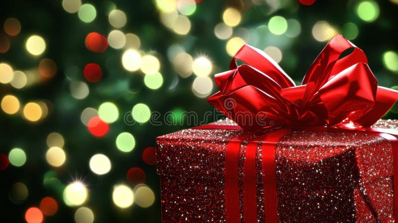 Schwelende Weihnachten : Eine rote Geschenkbox mit Shiny Bow im festlichen Hintergrund lizenzfreie stockfotos