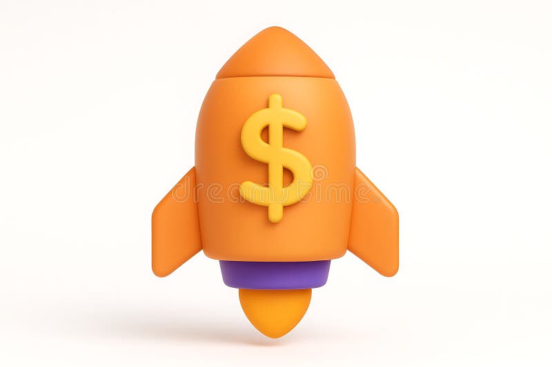 Schwimmende orangefarbene Rakete, die mit einem kühnen Dollarzeichen nach oben fliegt, zeigt Anzeichen für Erfolg und Dynamik der vektor abbildung