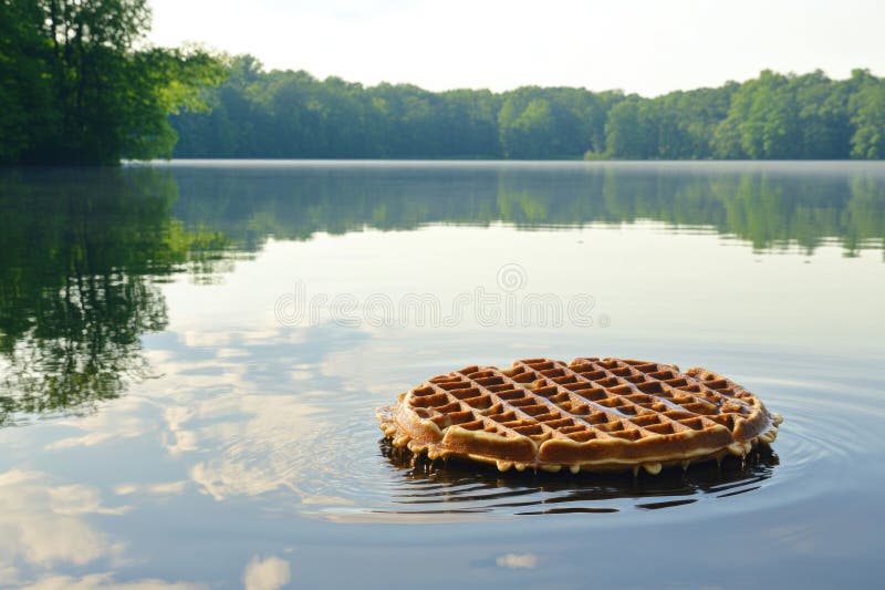 Schwimmende Waffel auf einem ruhigen See mit üppigen Waldreflektionen. ai generiert