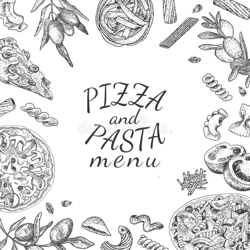 Schwärzen Sie Hand gezeichnete Pizza- und Teigwarenmenüschablone mit Tinte