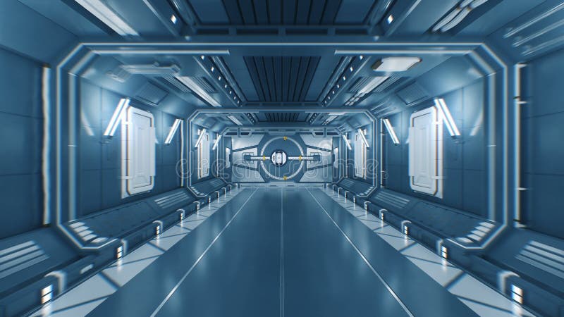 Schöner Flug heraus vom abstrakten futuristischen Raumschiff-Tunnel durch öffnende Metalltore zum weißen Licht mit Alpha