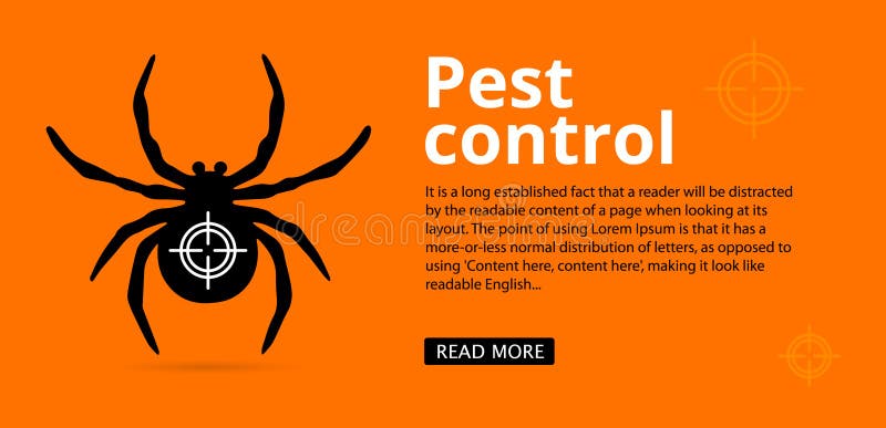 Schädlingsbekämpfungs-Netzfahne mit Textraum. Silhouette einer Spinne auf einem Orange Hintergrund. Broschüre mit Informationsspin lizenzfreie abbildung