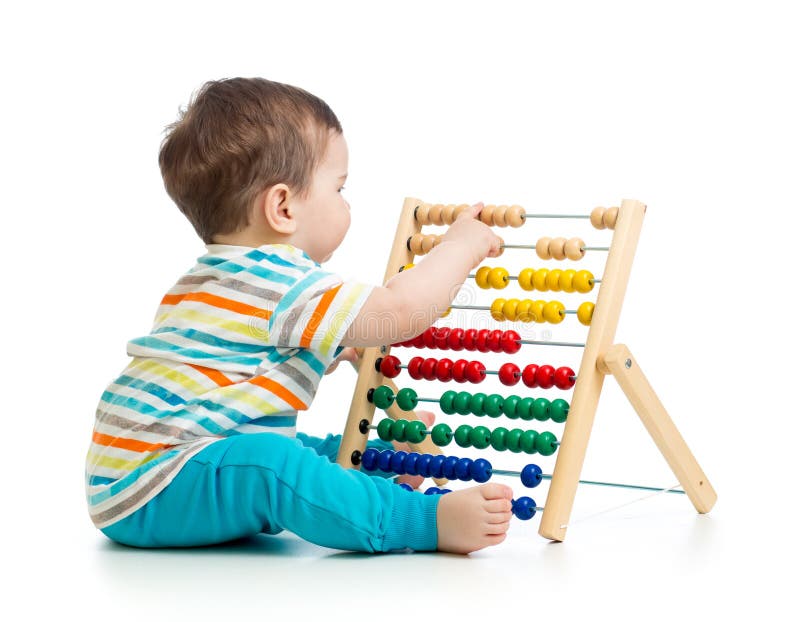 Baby child kid playing with abacus, isolated on white background. Baby child kid playing with abacus, isolated on white background