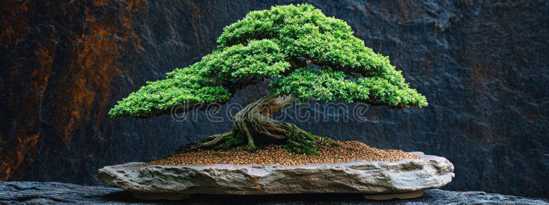 Schön geformter, immergrüner Bonsai-Baum mit Steintragetafel, in dem die Details des verdrehten Kofferraums und der üppigen Vegeta stockfoto