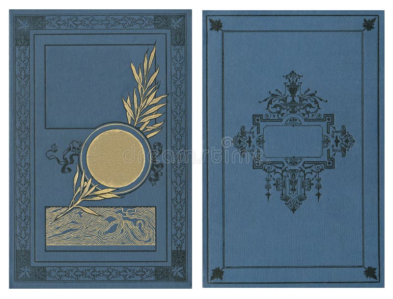 Old and ornate book cover from 1889. Old blue leather texture with gold decorative frame. Matching texture without frame also available. isolated on black background. Old and ornate book cover from 1889. Old blue leather texture with gold decorative frame. Matching texture without frame also available. isolated on black background.