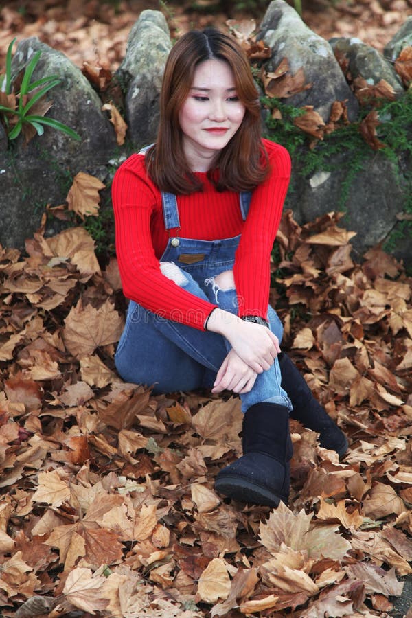 Schöne Asiatin mit dem langen Haar, das auf getrockneten Blättern sitzt stockbild Schöne Asiatin mit dem langen Haar, das auf getrockneten Blättern sitzt stockbild