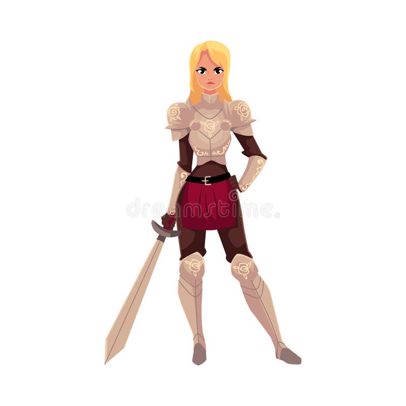 Schöne blonde Frau gekleidet als mittelalterlicher Ritter, der Klinge hält vektor abbildung Schöne blonde Frau gekleidet als mittelalterlicher Ritter, der Klinge hält vektor abbildung