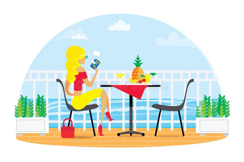 Schöne blonde Frau Stühle und Tabelle auf dem Terrassenbalkon Restaurant-Ansicht über das Meer Wässern Sie Landscape abendessen stock abbildung Schöne blonde Frau Stühle und Tabelle auf dem Terrassenbalkon Restaurant-Ansicht über das Meer Wässern Sie Landscape abendessen stock abbildung