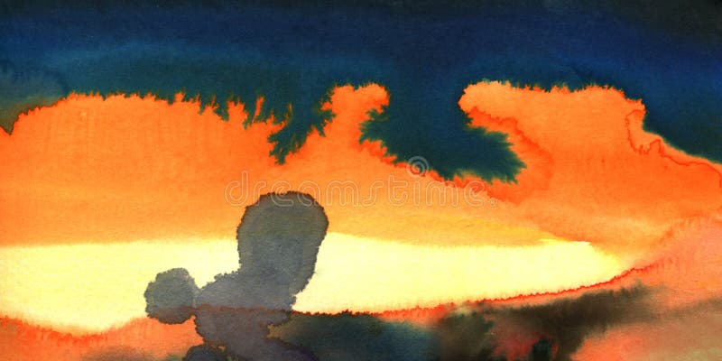 Schöne farbige Aquarellfarbe, Papiertextur, dunkler Hintergrund, blau, orangefarben, abstrakte Aquarelle-Malerei, Handschrift stockfotos
