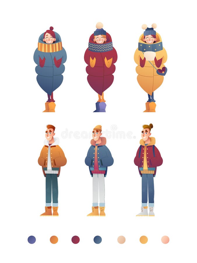 Schöne flache Entwurfssatzschablone mit Vektormädchen und -jungen in der Winterkleidung in der Karikaturart r vektor abbildung Schöne flache Entwurfssatzschablone mit Vektormädchen und -jungen in der Winterkleidung in der Karikaturart r vektor abbildung
