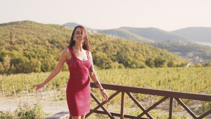 Schöne Frau in rotem Kleid Spinnen, Lachen, Feld auf dem Hintergrund, Zeitlupe