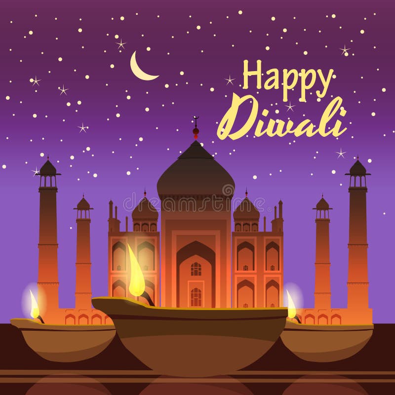 Schöne Grußkarte für Feiertag diwali mit dem Brennen diy, Hintergrund Taj Mahal, Nacht, Karikaturart, Vektor stock abbildung Schöne Grußkarte für Feiertag diwali mit dem Brennen diy, Hintergrund Taj Mahal, Nacht, Karikaturart, Vektor stock abbildung
