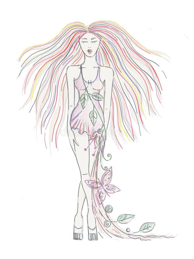 Schöne Hand gezeichnetes künstlerisches Mädchen mit dem langen Haar, Kleid mit Blumen, Blätter, Schmetterling Kreatives künstleri lizenzfreie abbildung Schöne Hand gezeichnetes künstlerisches Mädchen mit dem langen Haar, Kleid mit Blumen, Blätter, Schmetterling Kreatives künstleri lizenzfreie abbildung