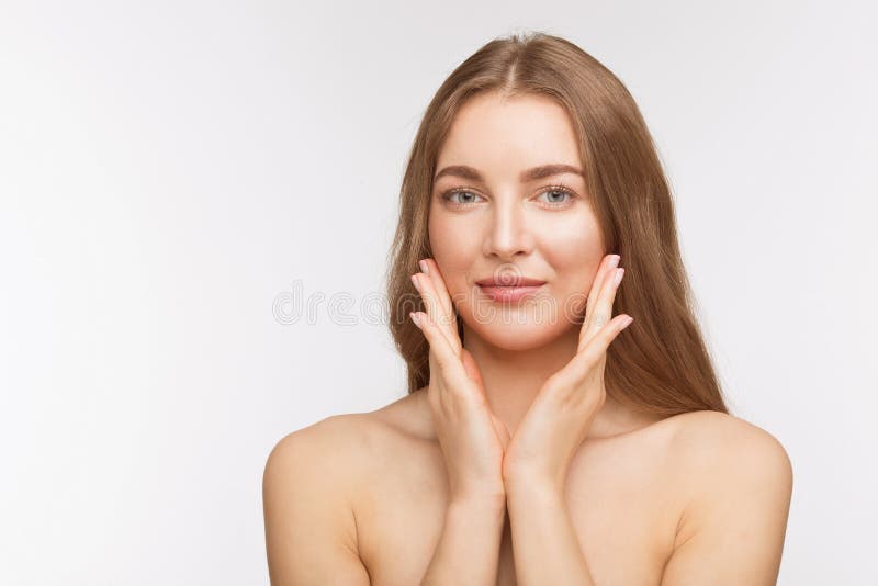 Schöne hemdlose Dame über weißem Hintergrund stockbild Schöne hemdlose Dame über weißem Hintergrund stockbild