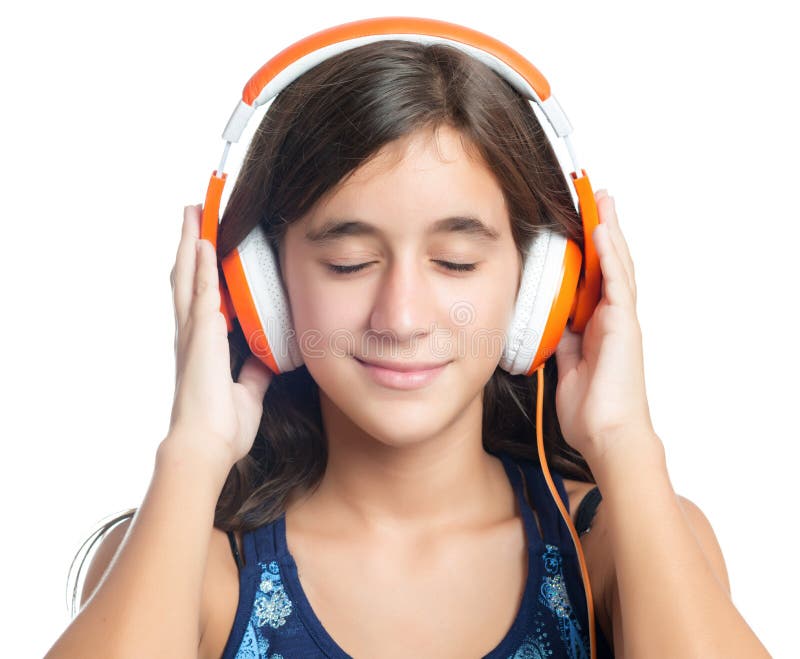 Beautiful hispanic teenage girl enjoying music on bright orange headphones with her eyes closed. Beautiful hispanic teenage girl enjoying music on bright orange headphones with her eyes closed