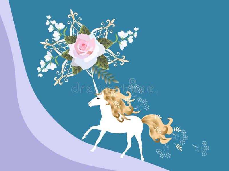 Schöne horizontale Karte mit magischem Einhorn, rosa Rose und Glockenblumenblumen im Vektor Raum für Text Eleganz romantisches In stock abbildung Schöne horizontale Karte mit magischem Einhorn, rosa Rose und Glockenblumenblumen im Vektor Raum für Text Eleganz romantisches In stock abbildung