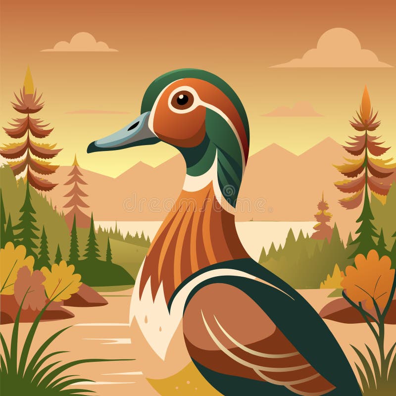 Schöne Illustration einer Ente in einem ruhigen Teich während der Goldenen Stunde vektor abbildung