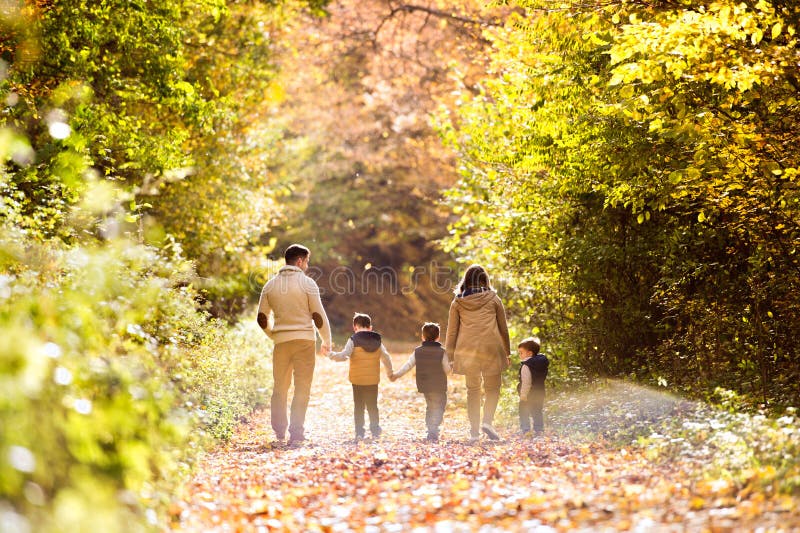 Schöne junge Familie auf einem Weg im Herbstwald
