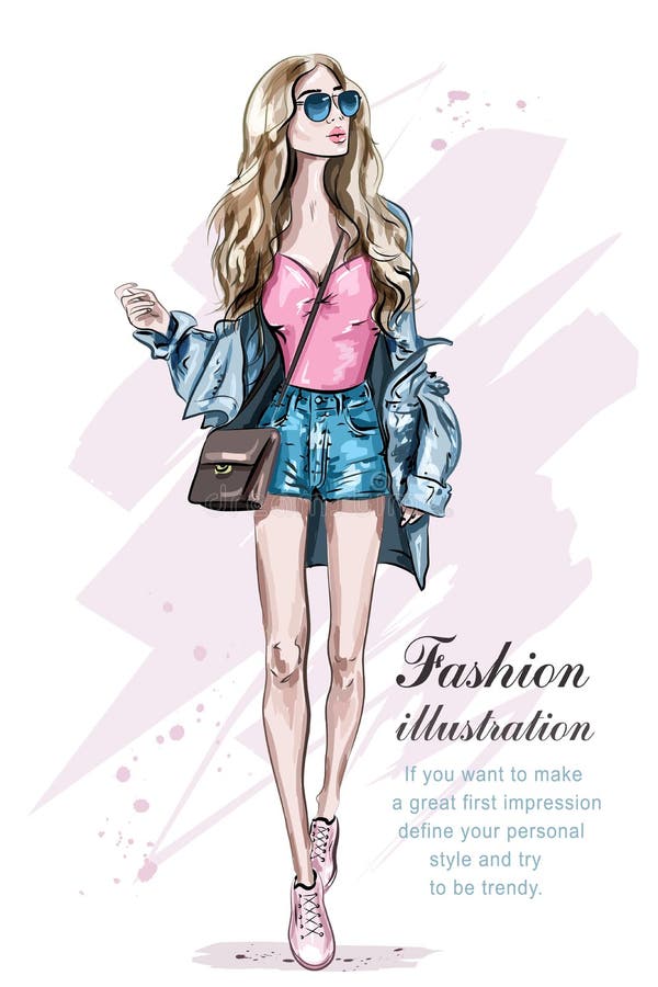 Beautiful young blonde hair woman with bag. Hand drawn fashion girl. Fashion model posing. Sketch. Vector illustration. Beautiful young blonde hair woman with bag. Hand drawn fashion girl. Fashion model posing. Sketch. Vector illustration.