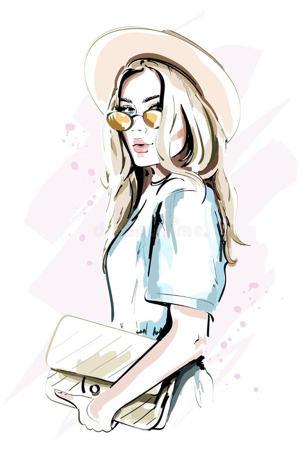 Beautiful young woman in hat. Fashion lady in sunglasses. Stylish woman portrait. Sketch. Vector illustration. Beautiful young woman in hat. Fashion lady in sunglasses. Stylish woman portrait. Sketch. Vector illustration.