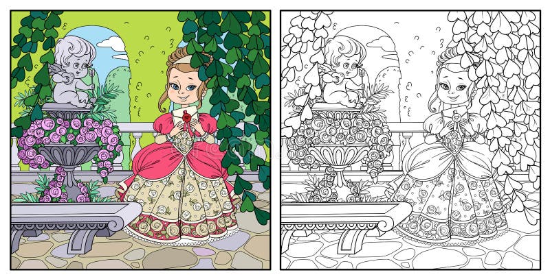 Schöne Prinzessin, die Buchstaben in der behaglichen Ecke Nähe Gartenmarmorvase mit einer Statue der Amorfarbe und erläutert wird vektor abbildung